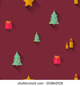 Vector seamless pattern. Christmas trees candles and gifts. Flat design