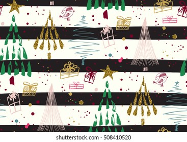 Vector seamless pattern. Christmas trees forest, gift boxes, ink dots and splatters on striped background. Black, gold, pink, green, white colors.