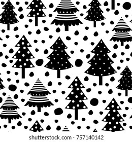 Vector seamless pattern with Christmas trees in black and white for wrapping paper and winter clothing
