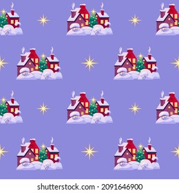Vector seamless pattern Christmas village on a purple. Holiday background.