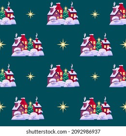 Vector seamless pattern Christmas village on a green.  Holiday background.