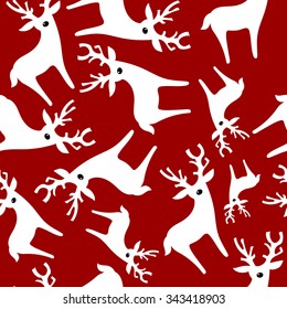 vector seamless pattern with christmas white deers on red background