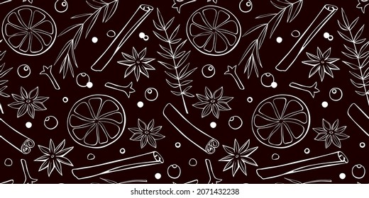 Vector seamless pattern of Christmas winter outline spices in doodle style. Xmas background or texture with seasonings. For desserts, hot mulled wine, homemade cookies, template of menu, recipes