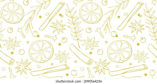 Vector seamless pattern of Christmas winter outline spices in doodle style. Xmas background or texture with seasonings. For desserts, hot mulled wine, homemade cookies, template of menu, recipes