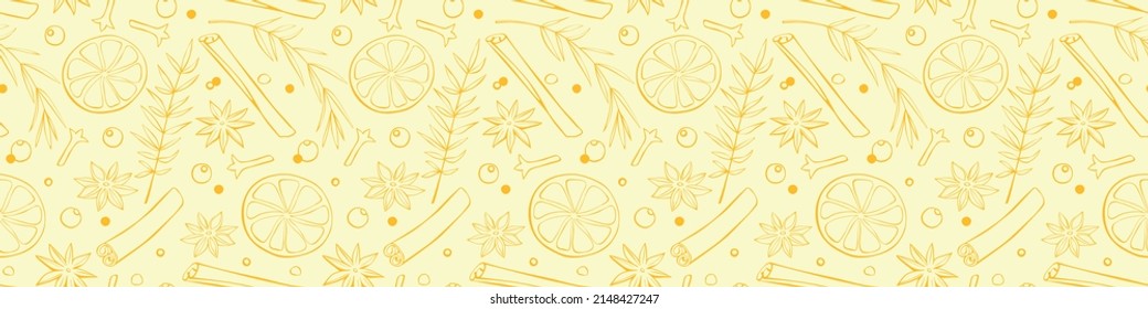Vector seamless pattern of Christmas winter outline spices in doodle style. Xmas background or texture with seasonings. For desserts, hot mulled wine, homemade cookies, template of menu, recipes