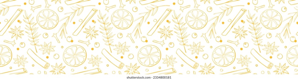 Vector seamless pattern of Christmas winter outline spices in doodle style. Xmas background or texture with seasonings. For desserts, hot mulled wine, homemade cookies, template of menu, recipes