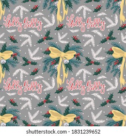 Vector seamless pattern with christmas wreath, holly leaves, fir branches and dots