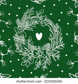Vector seamless pattern Christmas wreath. Garlands, mistletoe, New Year's decor on a green background. Design for printing on textiles, paper, packaging.