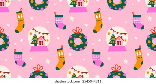 Vector seamless pattern with Christmas wreath, snow globe, Santa socks. Wrapping paper design for winter holidays