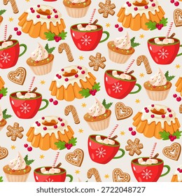 Vetor Padrão sem emenda de Natal-temático trata com bolos de pacote, bolinhos, biscoitos de gengibre em várias formas e canecas vermelhas de chocolate quente no fundo de creme de luz, design de doces de férias festivas.