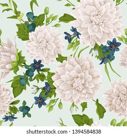 Vector seamless pattern. Chrysantemum flowers, dahlia, greenery, leaves, flower, berry. 