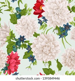 Vector seamless pattern. Chrysantemum flowers, dahlia, greenery, leaves, flower, berry. 