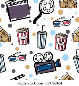 Vector seamless pattern Cinema. Hand drawn colorful doodles on white background.