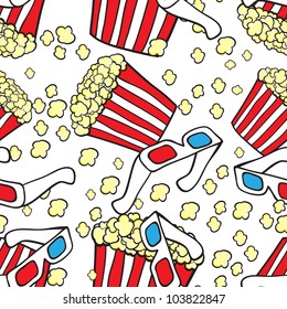 Vector seamless pattern with cinema symbols. Popcorn and 3d glasses
