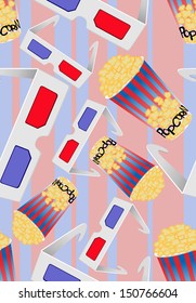 Vector seamless pattern with cinema symbols. Popcorn and 3d glasses