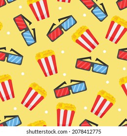 Vector seamless pattern with cinema symbols. Popcorn and 3d glasses on yellow baclground. Movie concept