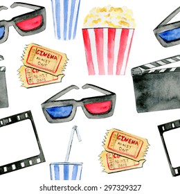 Vector seamless pattern Cinematographic attributes. Hand drawn watercolor objects on white background. Cinema tickets, drink, pop-corn, 3D glasses, cinema frame and clapper board.