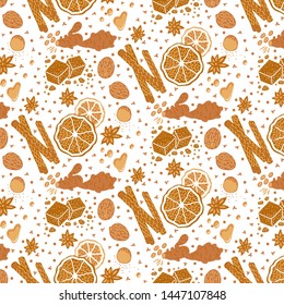 Vector seamless pattern with cinnamon, nutmeg, potpourri oranges, cloves, ginger, honey. Baking spices, mulled wine ingredients. Monochrome on white backround. Packaging, branding design element.