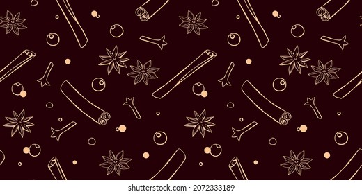 Vector seamless pattern of cinnamon sticks, star anise, carnation, pepper in doodle style. Background or texture of seasonings, food additive, spices