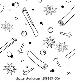 Vector seamless pattern of cinnamon sticks, star anise, carnation, pepper in doodle style. Background or texture of seasonings, food additive, spices