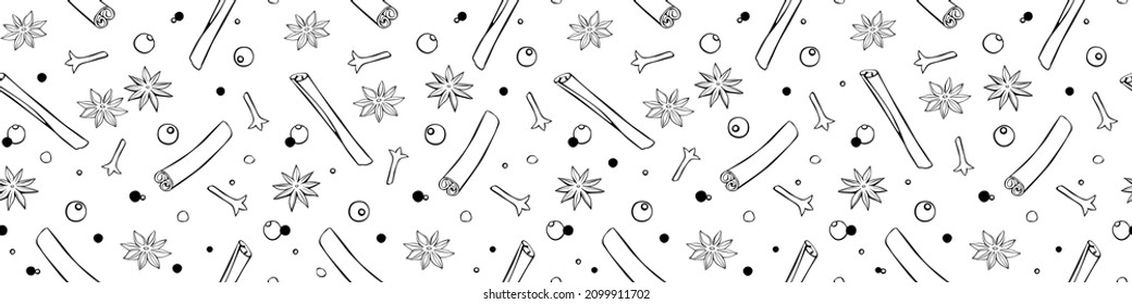 Vector seamless pattern of cinnamon sticks, star anise, carnation, pepper in doodle style. Background or texture of seasonings, food additive, spices