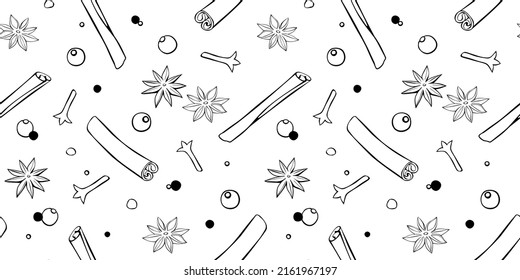 Vector seamless pattern of cinnamon sticks, star anise, carnation, pepper in doodle style. Background or texture of seasonings, food additive, spices