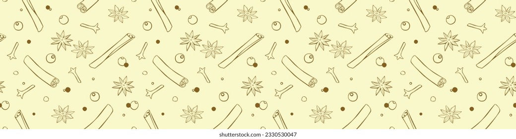 Vector seamless pattern of cinnamon sticks, star anise, carnation, pepper in doodle style. Background or texture of seasonings, food additive, spices