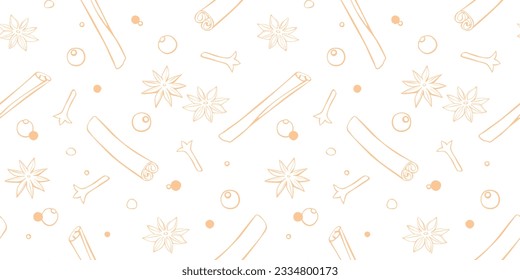 Vector seamless pattern of cinnamon sticks, star anise, carnation, pepper in doodle style. Background or texture of seasonings, food additive, spices