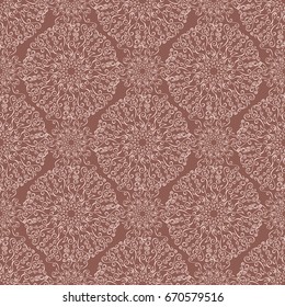 Vector seamless pattern of circles with almost white ornate filigree doodles in them and pink background