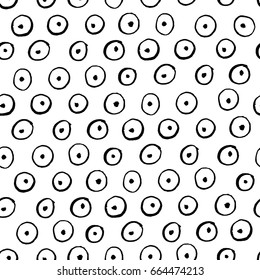 Vector seamless pattern with circles and dots brush strokes/ Hand drawn texture/ Abstract background in black and white
