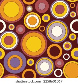 Vector seamless pattern with circles in groovy retro style. pastel colors on dark red. Paper or fabric print, wallpaper, background