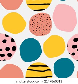 Vector seamless pattern with circles and ink texture. Bright and Bold background. Modern geometrical texture