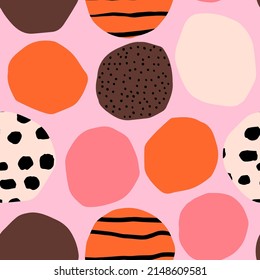 Vector seamless pattern with circles and ink texture. Bright and Bold background. Modern geometrical texture