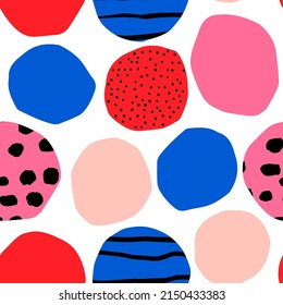 Vector seamless pattern with circles and ink texture. Bright and Bold background. Modern geometrical texture