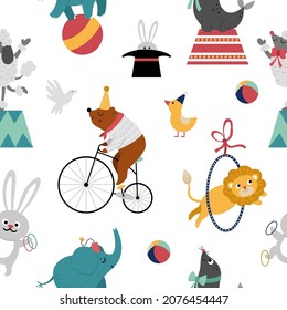 Vector seamless pattern with circus animals. Amusement holiday repeat background. Digital paper with cute funny festival characters. Street show comedians texture with elephant, bear on bike
