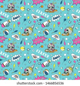 Vector seamless pattern circus elements, a human skull and melting ice cream. Creepy cartoon illustration for prints, t-shirts, Halloween or tattoo. 