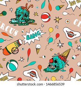 Vector seamless pattern circus elements, a human skull and melting ice cream. Creepy cartoon illustration for prints, t-shirts, Halloween or tattoo. 