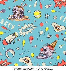 Vector seamless pattern circus elements, a human skull and melting ice cream. Creepy cartoon illustration for prints, t-shirts, Halloween or tattoo. 