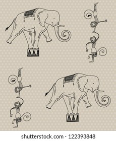 vector seamless pattern with circus elephants and monkeys