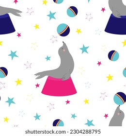 Vector seamless pattern with circus fur seals characters juggling  balls in cartoon style