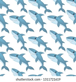 Vector seamless pattern with cite cheerful sharks 3d cartoon style textile or wrapping paper template endless texture 