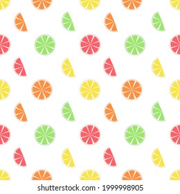 Vector seamless pattern with citrus fruits - lemon, orange, lime, grapefruit cut in half on white background. Simple flat design for summer party,paper,textile,fabrics,decoration