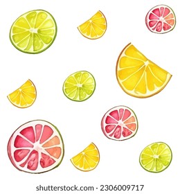 Vector seamless pattern with citrus fruits in a watercolor style, on a plain white background.
