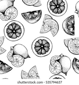 VEctor seamless pattern of citrus fruits. Orange, lemon, lime and bloody orange slices. Isolated on white background. Hand drawn icons. Use for restaurant, menu, detox program, cocktails, smoothie. 