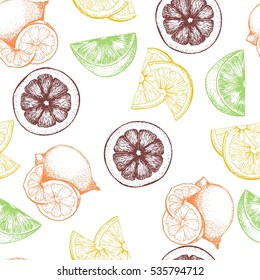 VEctor seamless pattern of citrus fruits. Orange, lemon, lime and bloody orange slice. white background. Hand drawn colored icons. Use for restaurant, menu, detox program, cocktails, smoothie.