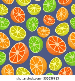 Vector seamless pattern of citrus fruits on blue background