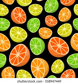 Vector seamless pattern of citrus fruits on black background