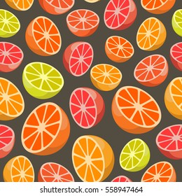 Vector seamless pattern of citrus fruits on grey background