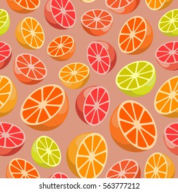 Vector seamless pattern of citrus fruits on pink background
