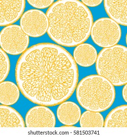Vector seamless pattern with citrus lemon slice on blue. Ink drawn food illustration in vintage style for print, fabric, wrapping, textile and other seamless design. Hand drawn sketch.